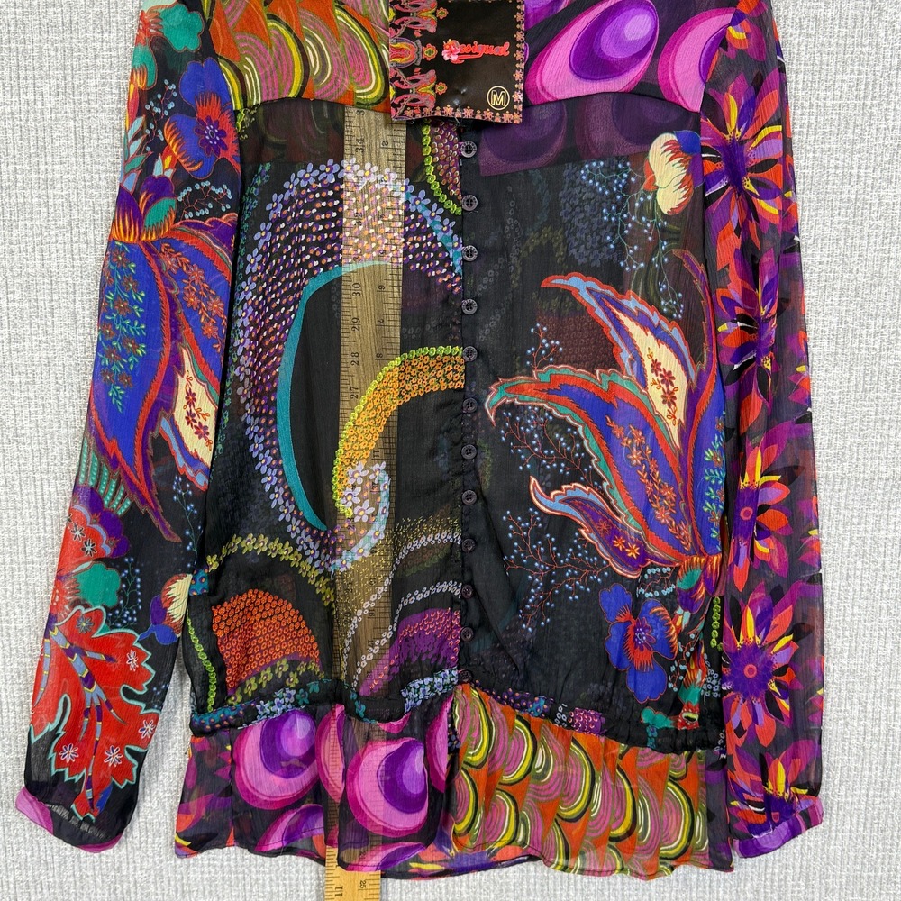 Desigual Sz M Floral Print Blouse Button Down LS Multicolor Sheer Statement - Picture 11 of 16